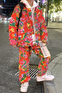 TZ207风盘扣立领大花棉衣加绒裤套装民族特色牡丹大花大码男图片