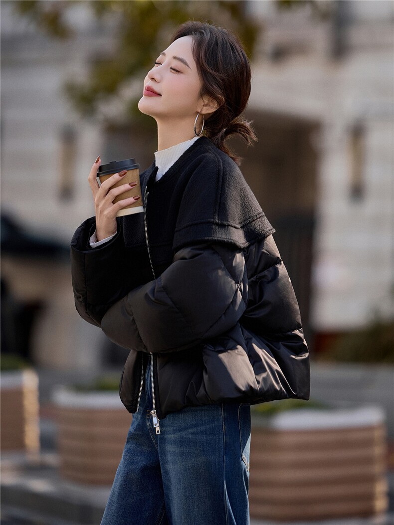 黑色短款休闲拼接羽绒服女2026冬季新款圆领休闲百搭上衣,女装羽绒服,梦懿尔