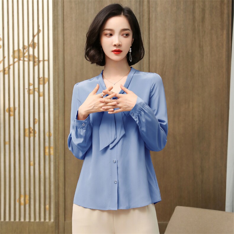 2025春装蝴蝶结真丝衬衫女长袖纯色桑蚕丝上衣衬衣通勤飘带小衫，女装衬衫，阿舍尔精品