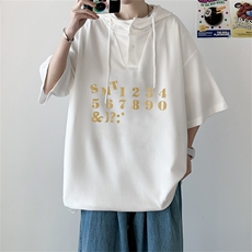 夏季港风冰丝宽松连帽短袖t恤五分体恤上衣TLM460-P40控58，男装T恤，电商B370