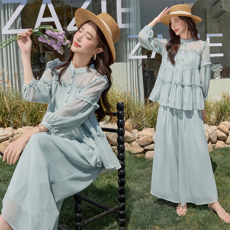 小香风雪纺阔腿裤套装女春夏季2025新款高级感洋气减龄两件套，女装套装/套裙，水衣源