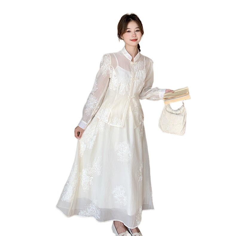 【现货】2025夏款新中式复古盘扣轻风防晒套装裙送吊带,女装套装/套裙,先锋丽姿