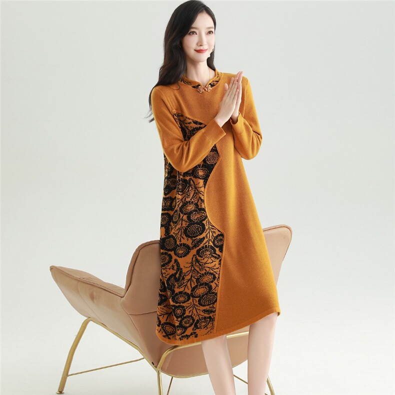 2025秋冬百搭时尚圆领长袖拼色针织连衣裙，女装连衣裙，雅之冉羊绒