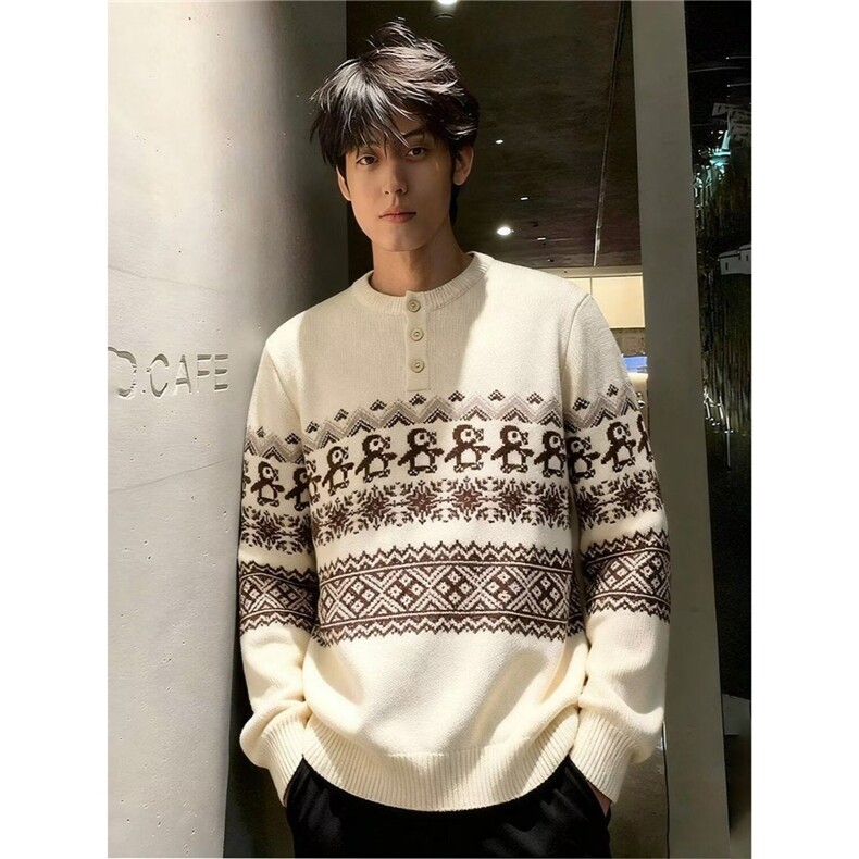 秋冬季毛衣男士圆领加绒加厚小鹿图刺绣宽松针织打底衫男装上衣,男装T恤,星座506A