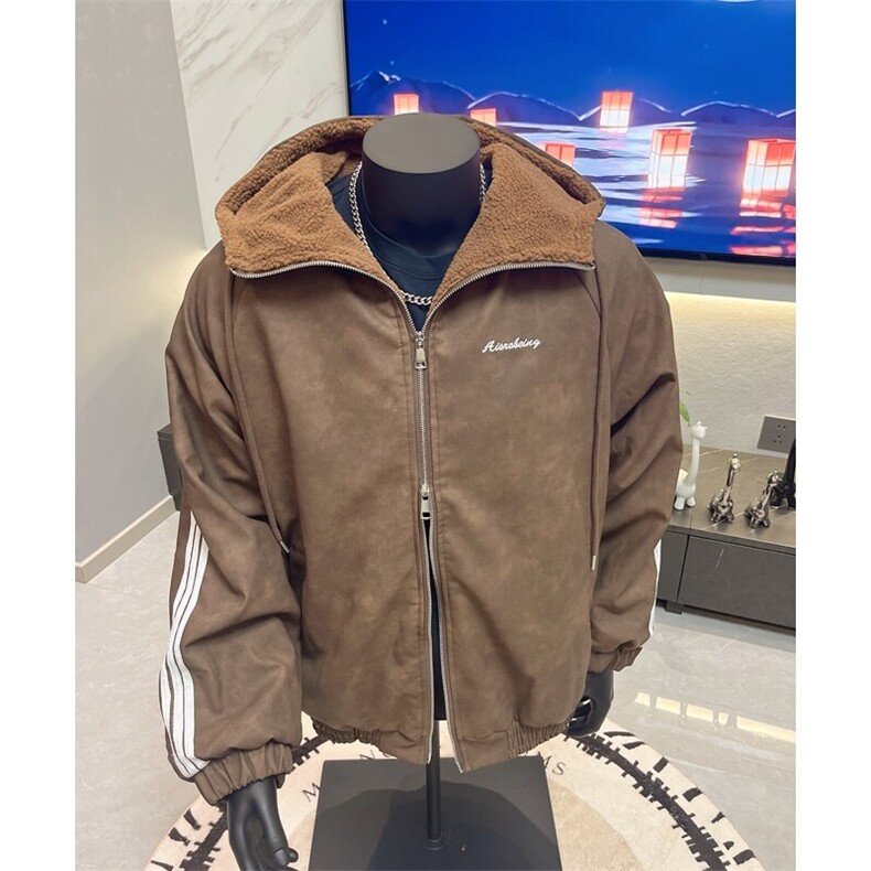 美拉德三条杠pu皮棉衣男冬季加绒加厚羊羔绒棉服美式潮牌连帽外套,男装棉衣,星座1213