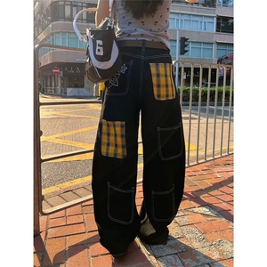 美式复古格纹口袋拼接刺绣牛仔裤女设计感bf宽松阔腿休闲裤图片