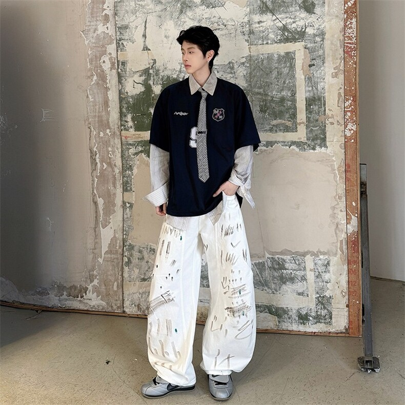 美式潮牌手绘白牛仔库男女直筒春夏时尚复古宽松弯刀图片