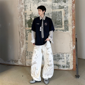 美式潮牌手绘白牛仔库男女直筒春夏时尚复古宽松弯刀图片