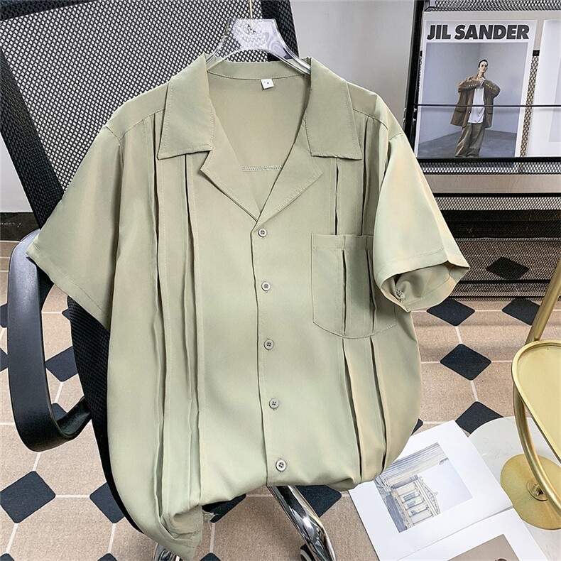 高品质夏款男短袖衬衫冰丝褶皱古巴领宽松五分袖衬衣CS523 P40图片