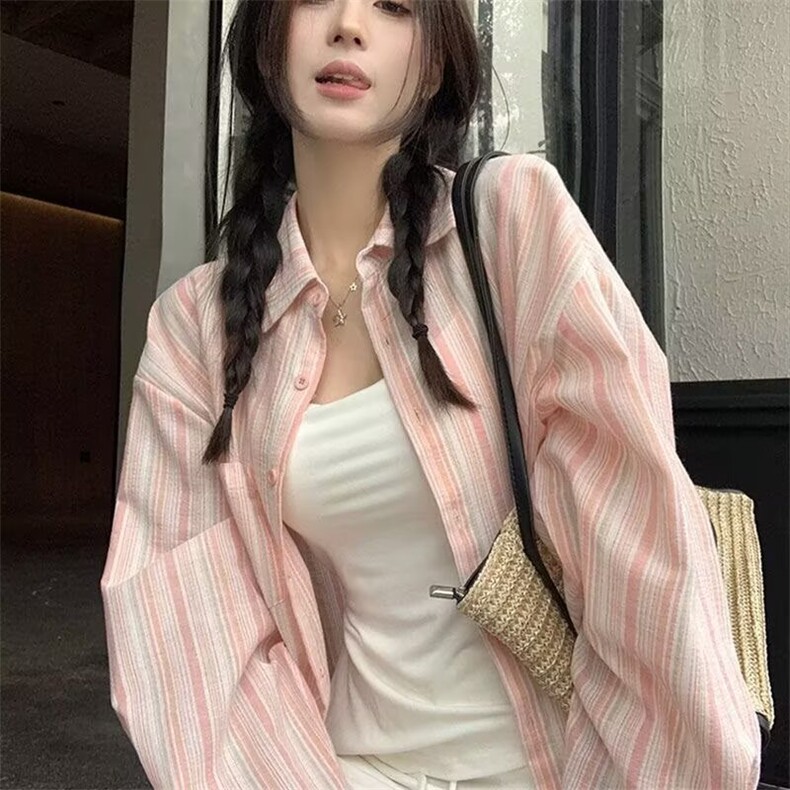 W10196-P38网图现货简约慵懒百搭潮流竖条纹防晒衬衫长袖ins,男装防晒衣,星座1608