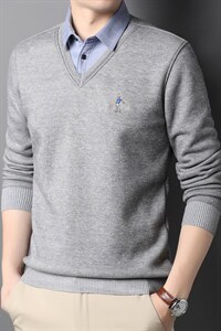 中年男士加绒纯色长袖假两件打底秋季翻领男装针织衫HPNAK252-P90，男装针织衫/毛衣，电商B212（原钱塘6029）