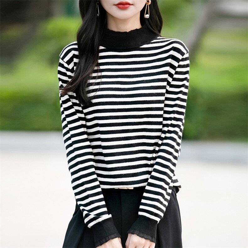 2025秋冬新款蕾丝边半高领条纹内搭毛衣女木耳边针织打底衫上衣潮,针织衫/毛衣,佳绒包芯纱店