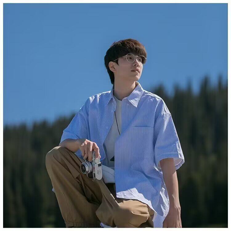 日系条纹衬衫男生夏季宽松大码薄款外套CityBoy潮牌休闲短袖衬衣图片