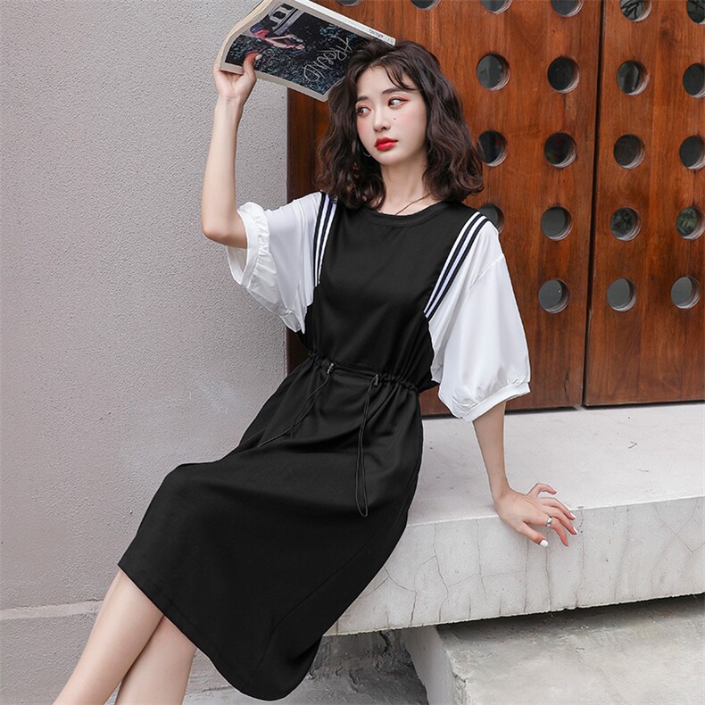 2022年夏季简约时尚铜氨丝拼接显瘦中长连衣裙,女装连衣裙,韩蜜菓