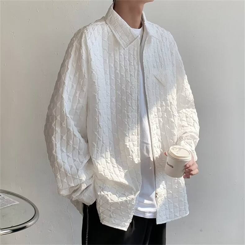 华夫格外套美式拉链衬衫男春季日系长袖翻领高级感衣服W7164-P48,男装衬衫,星座512-2