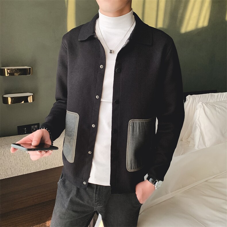 店主风精品秋冬简约针织开衫长袖毛衣外套口袋拼牛仔布V1026-P95,男装针织衫/毛衣,星座308A