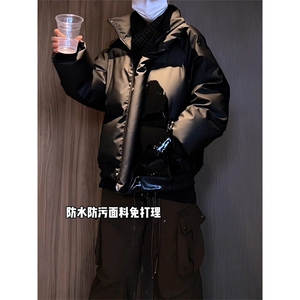 现货5W件冬季三防重磅硬挺boxy短款羽绒立领PU皮棉衣外套加厚棉服