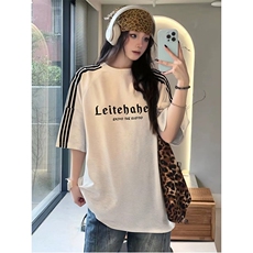 抖音得物品质二开240克宽松纯棉美式潮牌印花三条杠中性风短袖T恤，男装T恤，电商A486-1