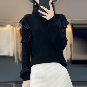 2025春季半高领女气质显瘦荷叶边设计感灯笼袖羊毛打底针织衫毛衣图片