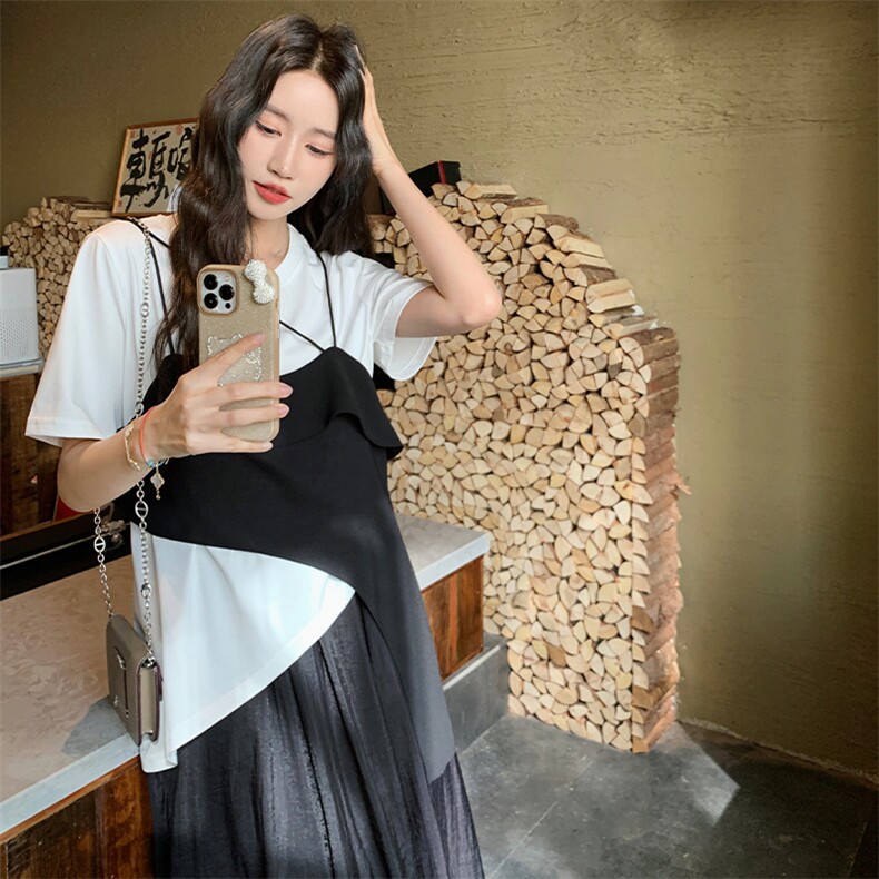 设计感小众套装裙女2025夏新款慵懒风不规则吊带T恤半身裙三件套,女装套装/套裙,2C015