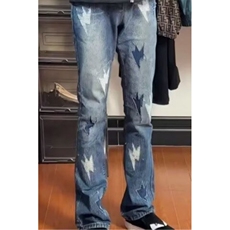 美式解构拼接双腰头破坏牛仔裤男女cleanfit直筒显瘦情侣微喇裤子，男装牛仔裤，星座506A