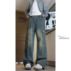 美式水洗工装牛仔裤男秋冬阔腿直筒休闲裤子A166-K046-特P45控88图片