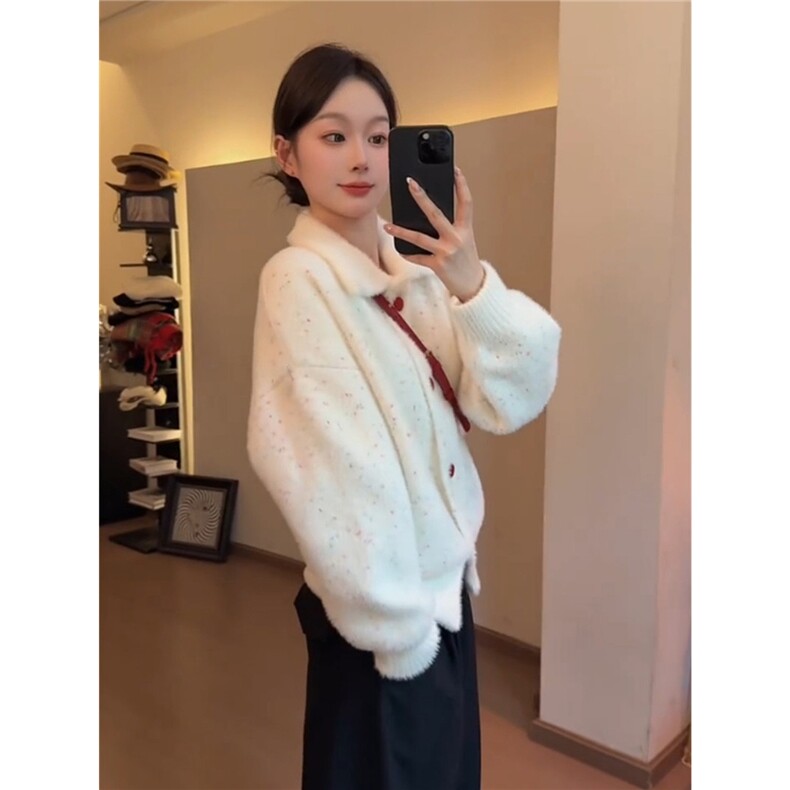 韩系复古白色彩点宽松高领毛衣外套女春秋原宿风百搭开衫气质上衣,男装针织衫/毛衣,星座1210-1