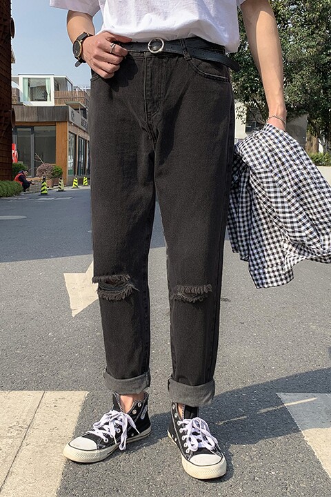 夏季新品破洞牛仔裤男直筒宽松老爹裤九分潮流港风裤子,男装牛仔裤,星座1008