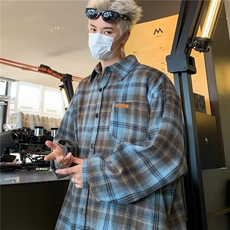 扎染格子长袖衬衫男2024春秋季新款潮牌宽松休闲衬衣外套C155/P38，男装衬衫，星座506