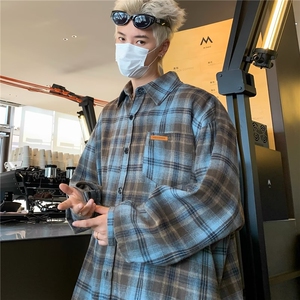 扎染格子长袖衬衫男2024春秋季新款潮牌宽松休闲衬衣外套C155/P38图片