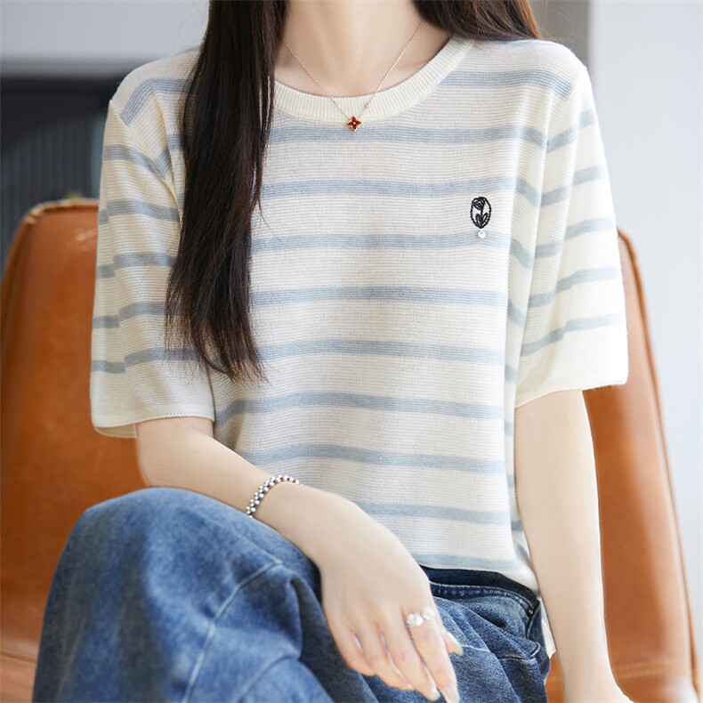 夏新款圆领条纹拼色刺绣小花精纺羊毛短袖T恤女休闲宽松针织上衣,针织衫/毛衣,唐诺