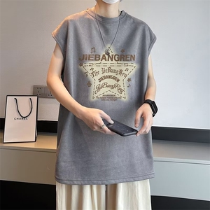 港风夏季印花无袖背心男汗衫男纯棉坎肩短袖T恤男T6629-P32图片