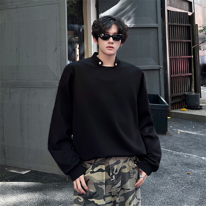 亲肤舒适设计高街痞帅潮男打底衫长袖 垫肩小众机车卫衣T恤P50图片
