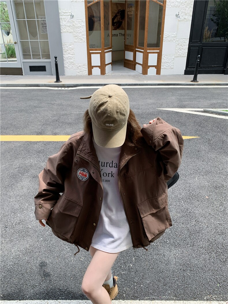 美式复古慵懒风时尚字母贴标外套2025秋季新款气质大口袋夹克外套,女装派克服,2D034