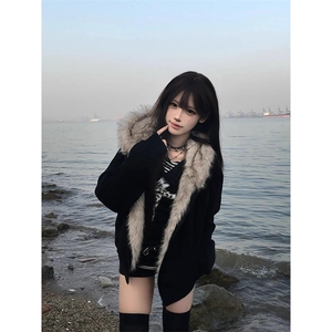 现货重磅硬挺boxy羽绒棉衣座山雕猫耳大毛毛领麂皮棉服冬外套图片