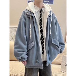 冬季oversize美式假两件外套男潮ins港风加厚情侣连帽L77299-P85