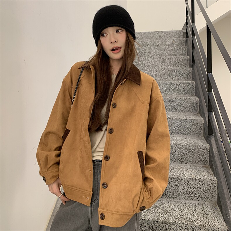 撞色拼接麂皮绒短外套女2025春季新款复古设计感休闲百搭工装夹克,女装短外套,鑫慧