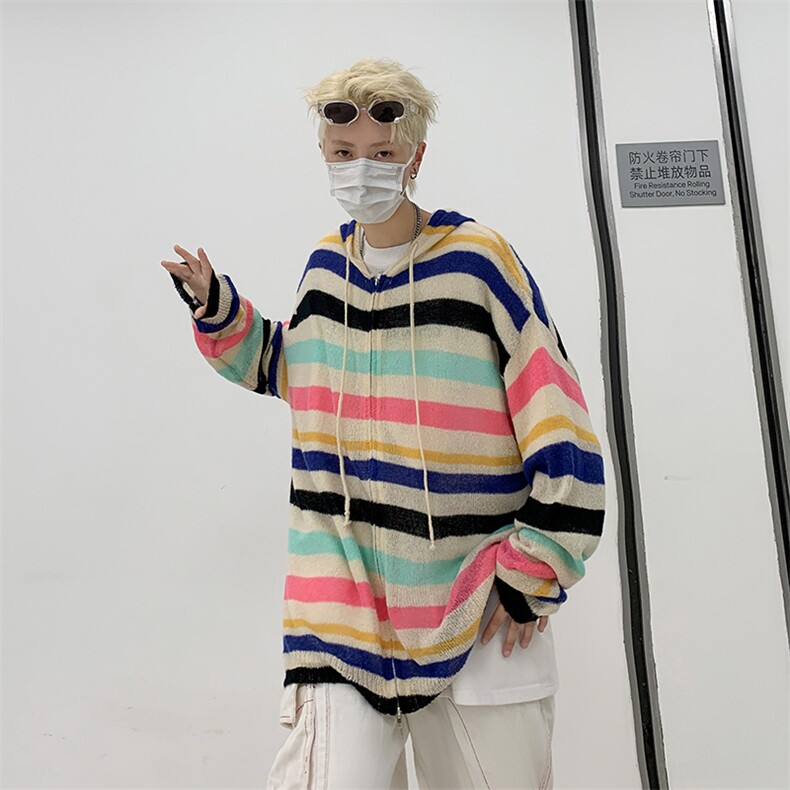 多巴胺开衫毛衣男女条纹连帽韩版2023秋冬新款ins针织衫MZ015-P50图片
