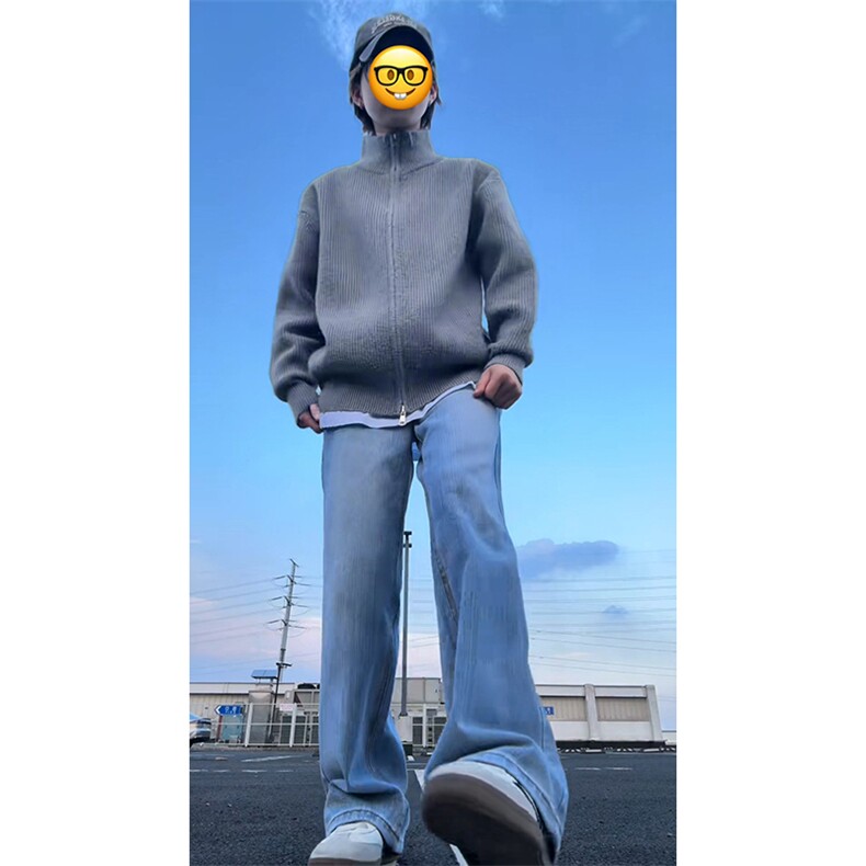 重磅秋冬北极绒双拉链毛衣开衫美式复古休闲慵懒风宽松针织衫外套,男装针织衫/毛衣,电商A486-1