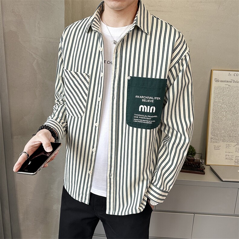春季新款条纹衬衫男长袖休闲衬衣外套宽松百搭上衣C1807-P85图片