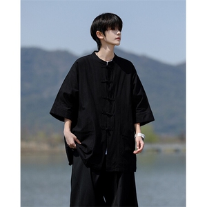 8XL-M 新中式衬衫男中山装麻棉风复古中袖衬衣唐装CS527P60图片