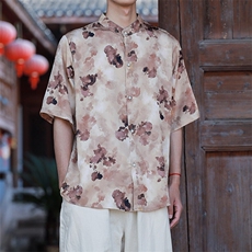 新中式提花风冰丝短袖上衣立领花色衬衫时尚百搭T2501-P58，男装T恤，电商A227