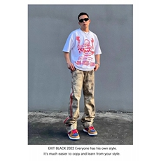 潮美式街头迷彩牛仔裤男ins潮宽松直筒hiphop拉链开叉休闲长裤，男装牛仔裤，四季星座505