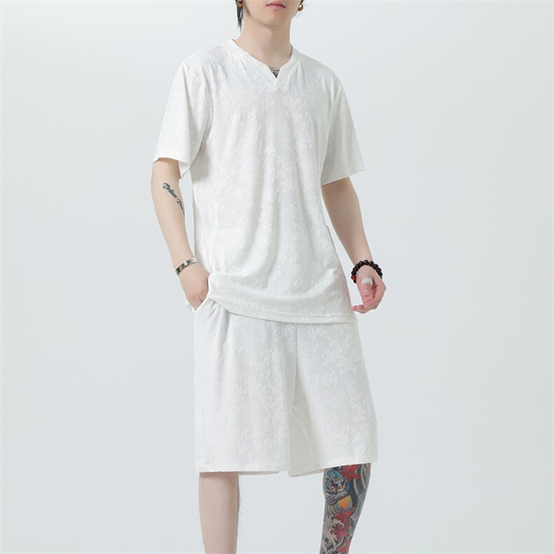 2025夏季风男装短袖+短裤套装针织提花龙纹唐装套装A100-P85,男装休闲套装,电商B277(原6028)