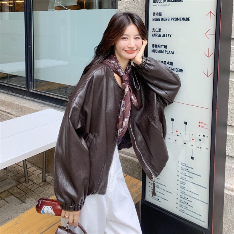 棕色复古设计感PU皮衣外套女2025秋季美式小个子气质休闲圆领夹克图片
