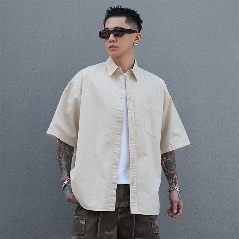 美式工装衬衫短袖夏季宽松纯棉脏染衬衣男A436-0628-P4569,男装衬衫,电商A436