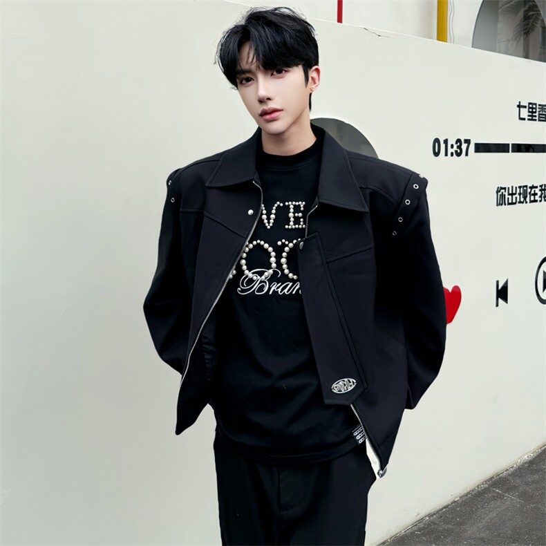 （）黑色短款夹克男秋季美式高街金属解垫肩外套5223-P105,男装夹克,星座910-5