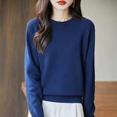 2025年秋季新款百搭女士长袖圆领纯色针织衫，女装针织衫/毛衣，丹芙娇羊绒