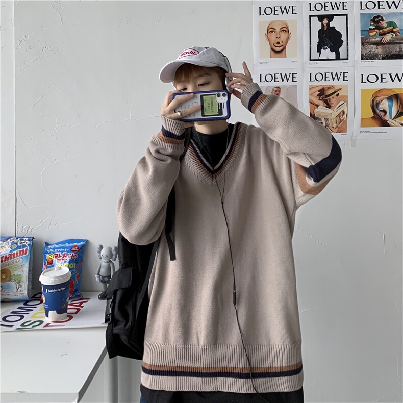 秋冬 港风加厚针织衫V领长袖毛衣JKDK宽松制服男女ins潮 W08/P65图片