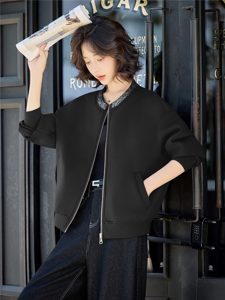 休闲外套女2025年秋季新款时尚气质圆领亮片短款上衣,女装短外套,沁沁公主